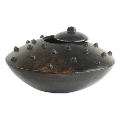 Ceramic decorative vessel, 'Dotted Saucer' - Artistic Wood-Fired Decorative Ceramic Vessel from Ghana