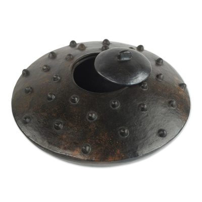 Ceramic decorative vessel, 'Dotted Saucer' - Artistic Wood-Fired Decorative Ceramic Vessel from Ghana