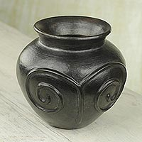 Ceramic decorative vase, 'African Spirals' - Wood-Fired Decorative Ceramic Vase in Black from Ghana