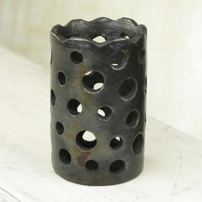 Ceramic decorative vase, 'Holey Cylinder' - Handcrafted Artistic Decorative Ceramic Vase from Ghana