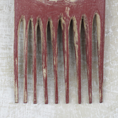 Wood wall art, 'Red Osele' - Wood Comb-Shaped Wall Art in Red from Ghana