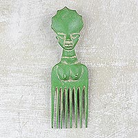 Wood wall art, 'Bright Green Osele' - Wood Comb-Shaped Wall Art in Bright Green from Ghana