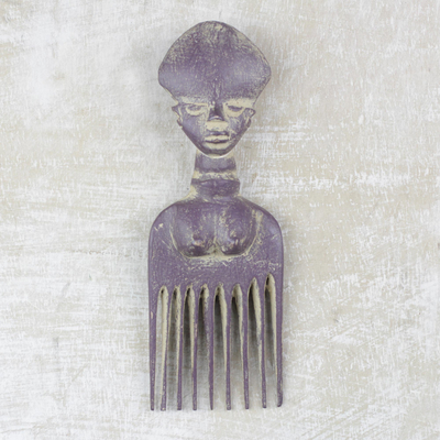 Wood wall art, 'Purple Osele' - Wood Comb-Shaped Wall Art in Purple from Ghana