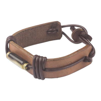 Men's leather and horn wristband bracelet, 'Natural Fusion in Brown' - Horn and Dark Brown Leather Wristband Bracelet from Ghana