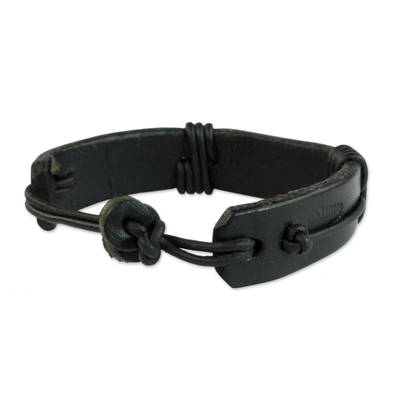 Men's leather and horn wristband bracelet, 'Bound Strength in Black' - Men's Horn and Black Leather Wristband Bracelet