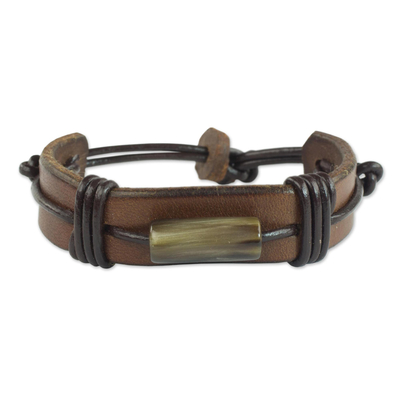 Men's leather and horn wristband bracelet, 'Bound Strength in Brown' - Men's Brown Leather Wristband Bracelet from Ghana