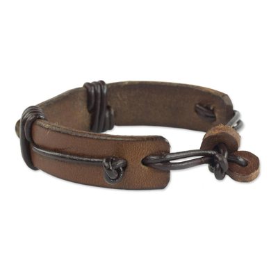 Men's leather and horn wristband bracelet, 'Bound Strength in Brown' - Men's Brown Leather Wristband Bracelet from Ghana
