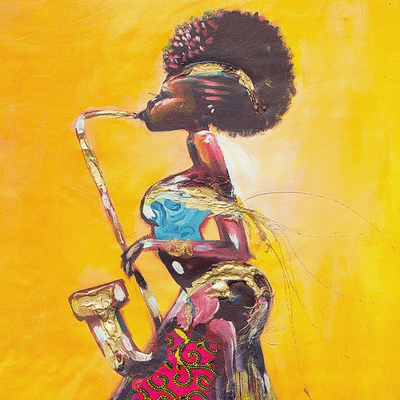 Über das Saxophon - Signiertes expressionistisches Gemälde eines Saxophonspielers