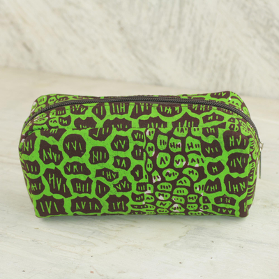 Cotton cosmetic case, 'Kiwi Spots' - Cotton Cosmetic Case with Kiwi and Mahogany Spots from Ghana