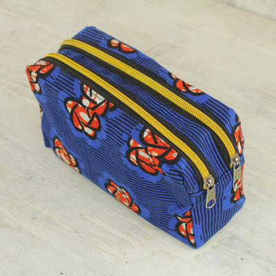 Cotton cosmetic case, 'Virtuous Obaa Sima' - Cotton Cosmetic Case in Royal Blue and Flame from Ghana