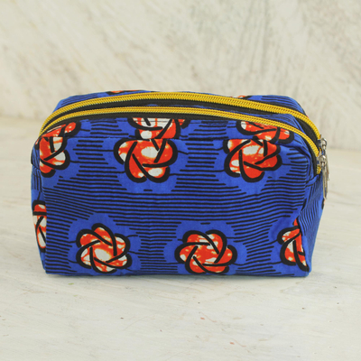 Cotton cosmetic case, 'Virtuous Obaa Sima' - Cotton Cosmetic Case in Royal Blue and Flame from Ghana