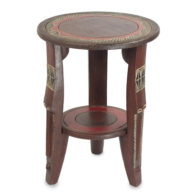 Wood accent table, 'Friendly Circle' - Handcrafted Sese Wood Red Accent Table from Ghana