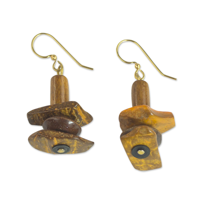Wood and coconut shell dangle earrings, 'Prosperous Sika' - Ghanaian Handcrafted Sese Wood and Coconut Shell Earrings