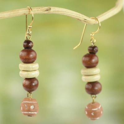 Wood and ceramic dangle earrings, 'Remembrance Beads' - Handcrafted Sese Wood and Ceramic Earrings from Ghana