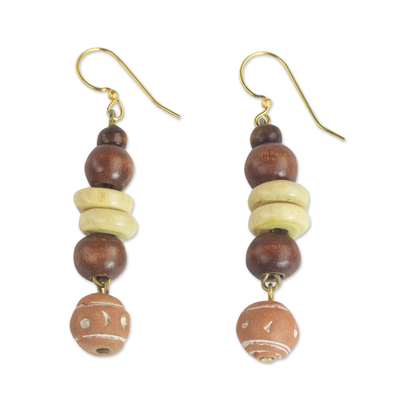 Wood and ceramic dangle earrings, 'Remembrance Beads' - Handcrafted Sese Wood and Ceramic Earrings from Ghana