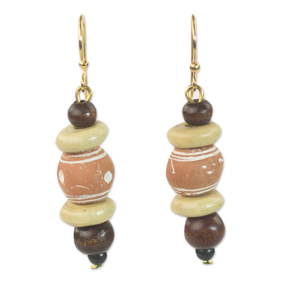 Wood and ceramic dangle earrings, 'Sweet Beads' - Sese Wood and Ceramic Dangle Earrings from Ghana