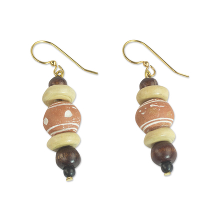 Wood and ceramic dangle earrings, 'Sweet Beads' - Sese Wood and Ceramic Dangle Earrings from Ghana