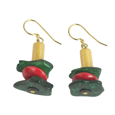 Wood and coconut shell dangle earrings, 'Prosperous Colors' - Colorful Sese Wood and Coconut Shell Earrings from Ghana