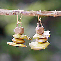 Wood and coconut shell dangle earrings, 'African Monolith' - Sese Wood Coconut Shell and Plastic Earrings from Ghana
