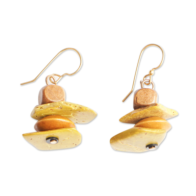 Wood and coconut shell dangle earrings, 'African Monolith' - Sese Wood Coconut Shell and Plastic Earrings from Ghana