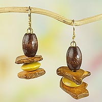 Wood and coconut shell dangle earrings, 'Yellow Prosperity'