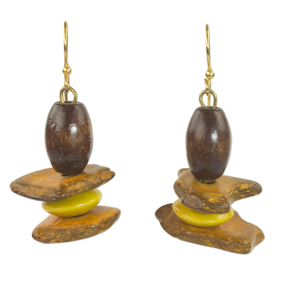 Wood and coconut shell dangle earrings, 'Yellow Prosperity' - Sese Wood and Coconut Shell Dangle Earrings from Ghana