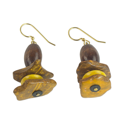 Wood and coconut shell dangle earrings, 'Yellow Prosperity' - Sese Wood and Coconut Shell Dangle Earrings from Ghana