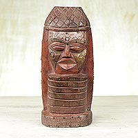 Wood sculpture, 'Fulani Face' - Handcrafted Wood and Aluminum Sculpture from Ghana