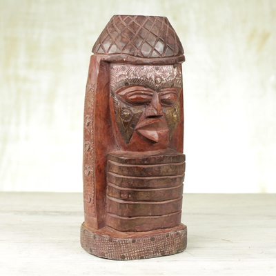 Wood sculpture, 'Fulani Face' - Handcrafted Wood and Aluminum Sculpture from Ghana
