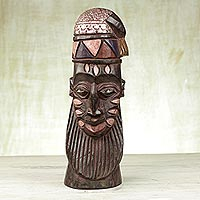 Máscara africana de madera, 'Hausa Fire Dance' - Máscara barbuda africana de madera y aluminio Sese de Ghana