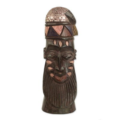 African wood mask, 'Hausa Fire Dance' - Sese Wood and Aluminum African Bearded Mask from Ghana