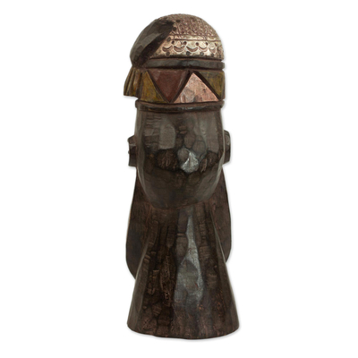 African wood mask, 'Hausa Fire Dance' - Sese Wood and Aluminum African Bearded Mask from Ghana