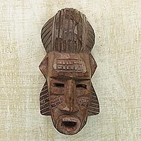 Máscara de madera africana, 'Sanga Harvest' - Máscara de cosecha africana de madera Sese tallada a mano de Ghana