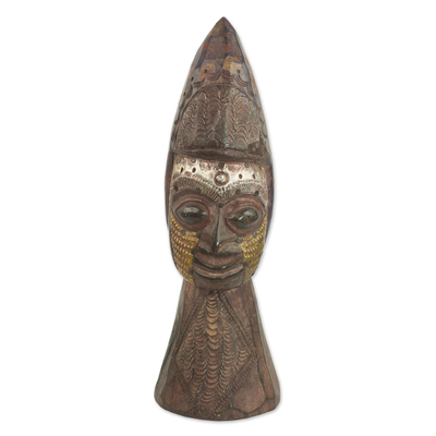 African wood mask, 'My Ore' - Sese Wood and Aluminum Friendship Mask from Ghana
