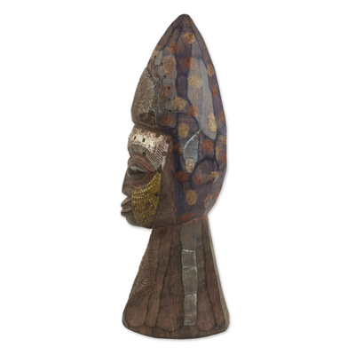 Máscara de madera africana - Máscara de la amistad de madera y aluminio de Sese, de Ghana