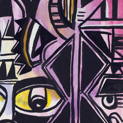 'Gathering of the Ancestral Spirits' - Watercolor and Ink Cubist Painting from Ghana