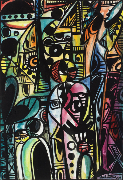 'Group of Elders' - Signed Colorful Cubist Painting from Ghana
