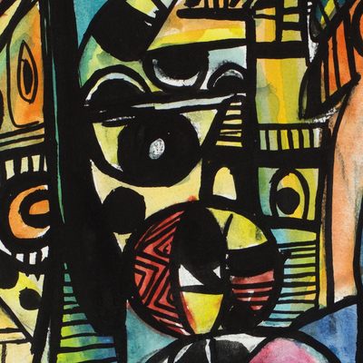 'Group of Elders' - Signed Colorful Cubist Painting from Ghana