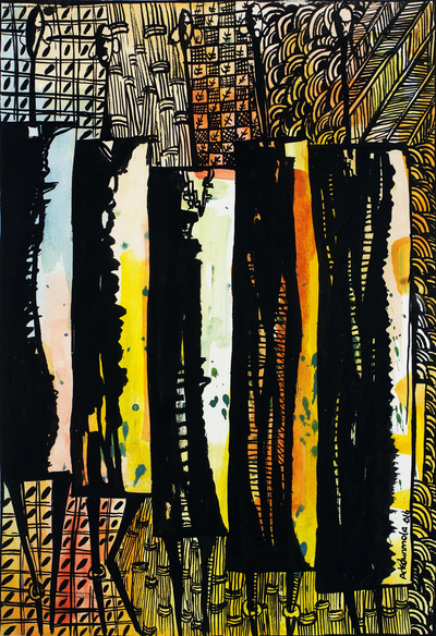Beim Sprechen in meine Augen schauen - Signierte farbenfrohe moderne expressionistische Malerei aus Ghana