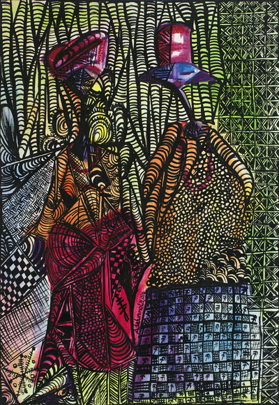 'Marriage' - Multicolored Expressionist Painting of a Couple from Ghana
