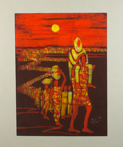 Signed Batik on Cotton Painting of Migrants from Ghana