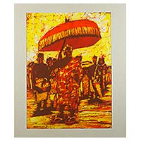 Batik painting, 'Homowo Celebration' - Signed Batik on Cotton Painting of a Festival from Ghana