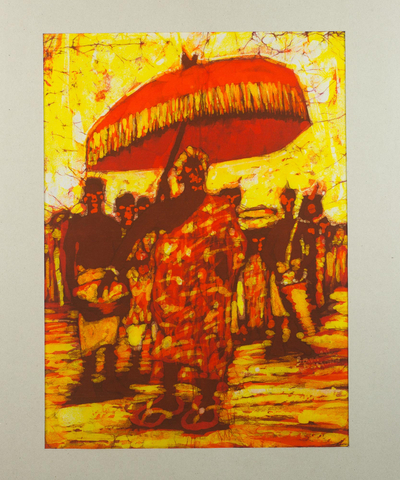 Batikmalerei - Signiertes Batik-auf-Baumwoll-Gemälde eines Festivals aus Ghana