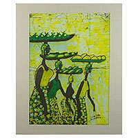 Batik painting, 'The Foursome' - Signed Batik Painting of Market Women from Ghana