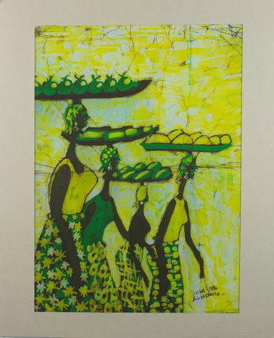 Signed Batik Painting of Market Women from Ghana