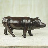 Ebony sculpture, 'Wild Pig' - Handcrafted Ebony Wood Pig Sculpture from Ghana
