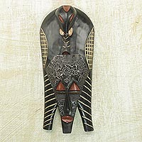 African wood mask, 'Elephant Glory' - Handcrafted Sese Wood and Aluminum Wall Mask from Ghana