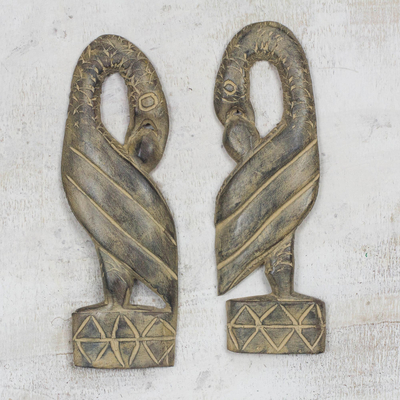 Wood wall accents, 'Returning' (pair) - Handcrafted Sese Wood Bird Wall Hanging Pair from Ghana