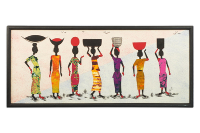 Batik painting, 'African Traders' - Signed Batik Painting of Market Women from Ghana