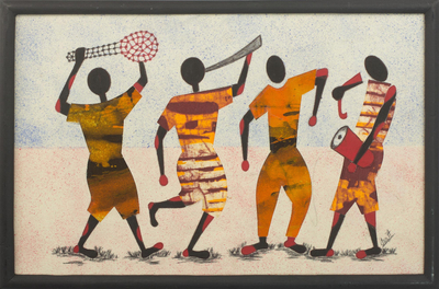Batik-Wandkunst aus Baumwolle - Signiertes Batikgemälde afrikanischer Musiker aus Ghana
